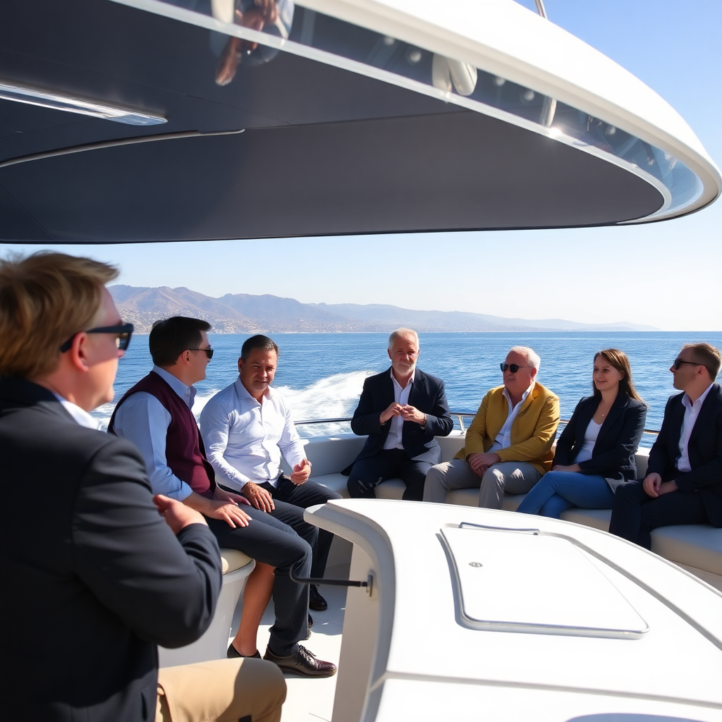 Rich German speaking to corporate group on luxury boat with Laguna Beach coastline, professional team building event, inspiring leadership moment